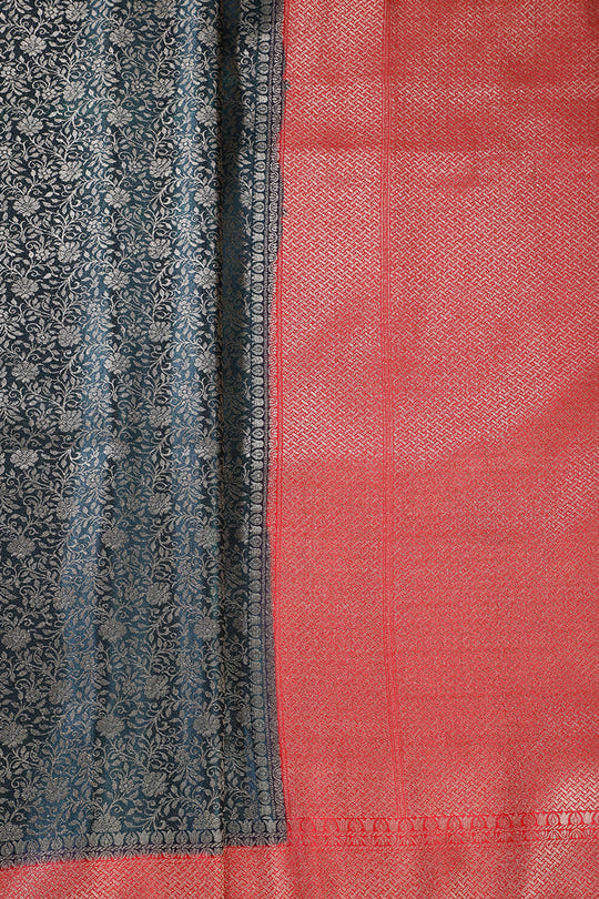 Bottle Green & Red Floral Zari Woven Sarees