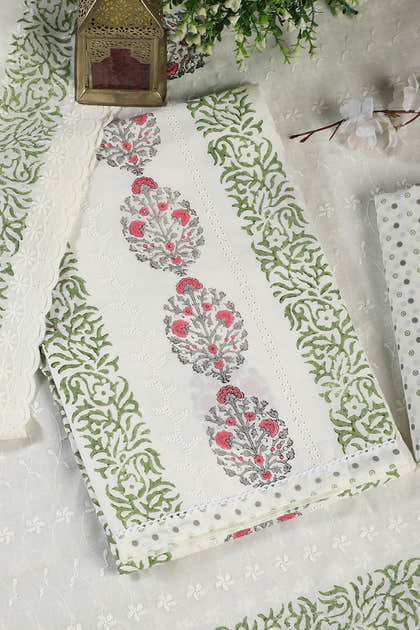 Cream & Green Printed And Resham Embroidered Unstitched Suit Fabric