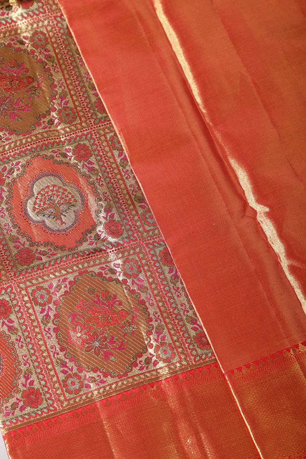 Gold & Pink Color Kanjivaram Pure Silk Handloom Gold Copper Zari Saree with Meenakari Pattern