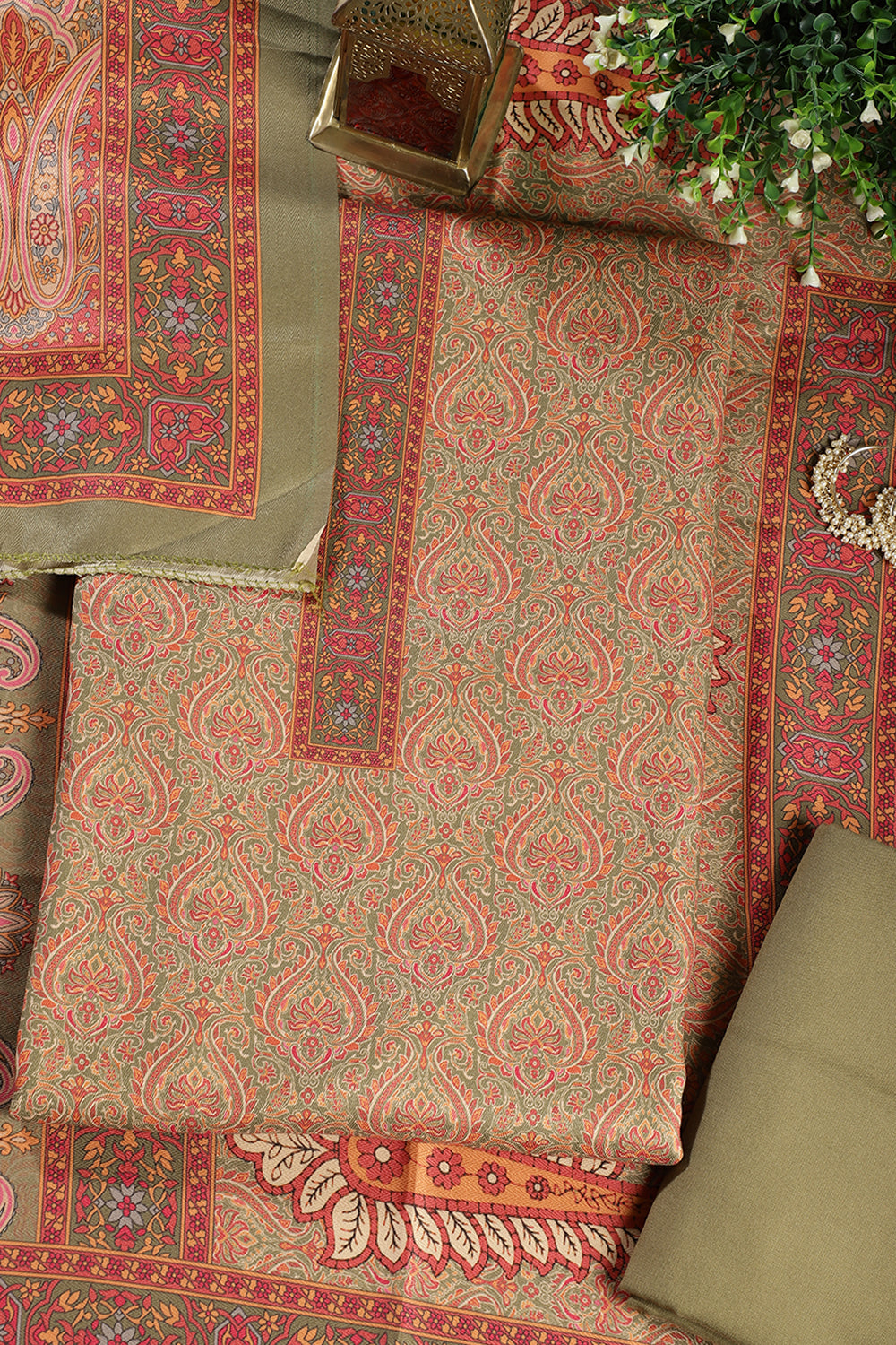 Green Pashmina Digital Printed Unstitched Suit Fabric