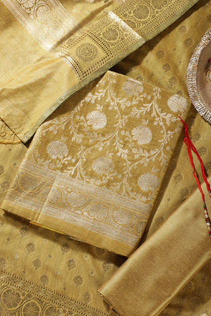 Mustard Colour Zari Woven Silk Unstitched Suit Fabric