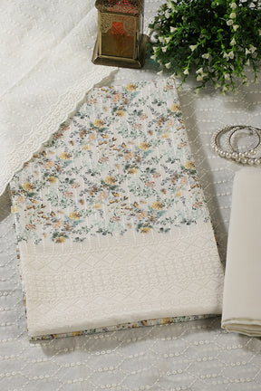Cream & Mustard Cotton Chikankari Work Floral Printed Unstitched Suit