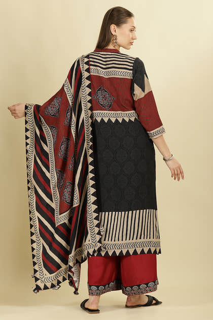 Maroon Muslin Ajrakh Printed Suit with Palazzo