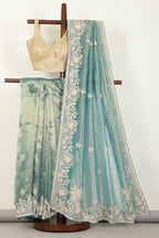 Firozi Color Pure Tissue Silk Saree with Pearl and Zardozi Handwork