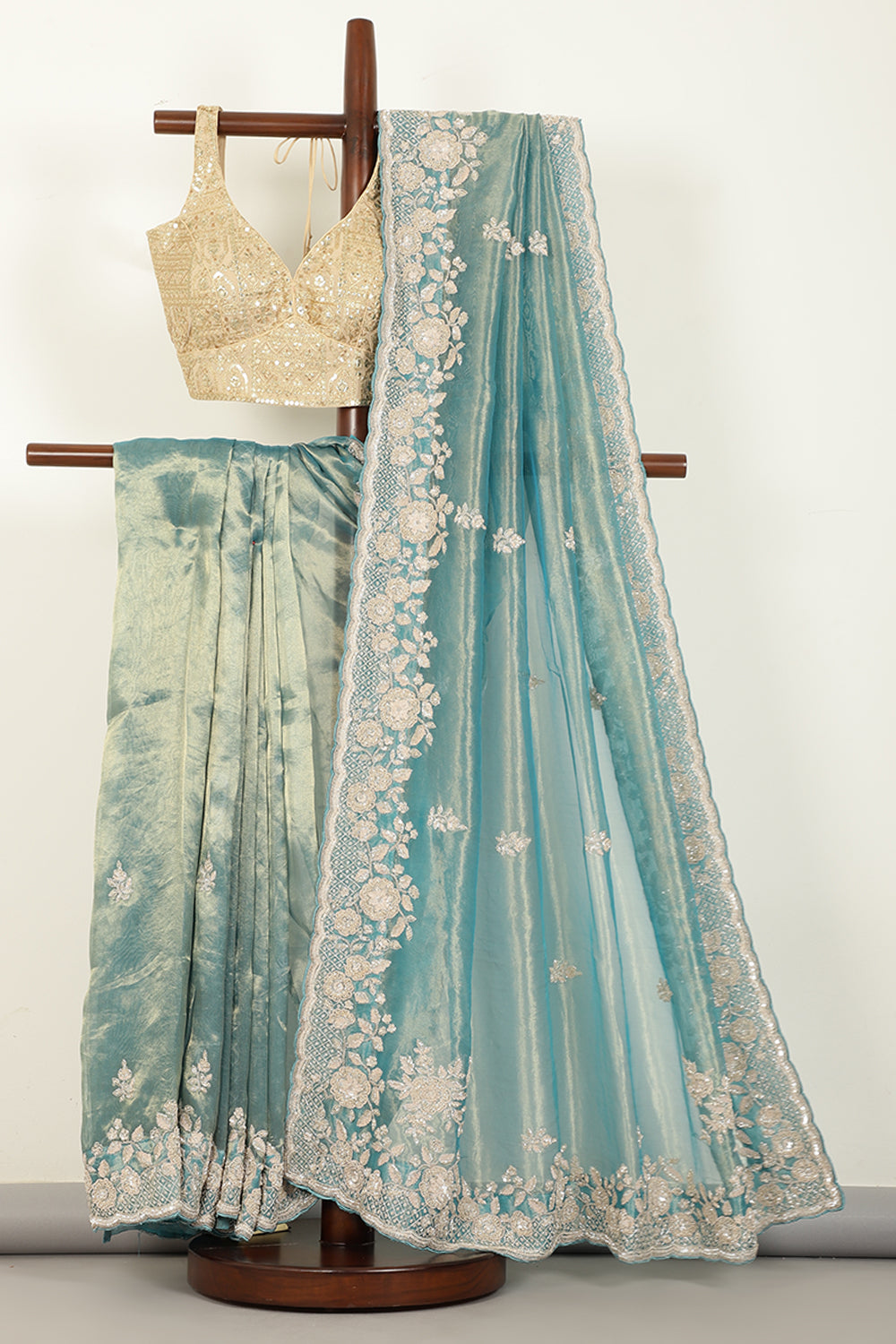 Firozi Color Pure Tissue Silk Saree with Pearl and Zardozi Handwork