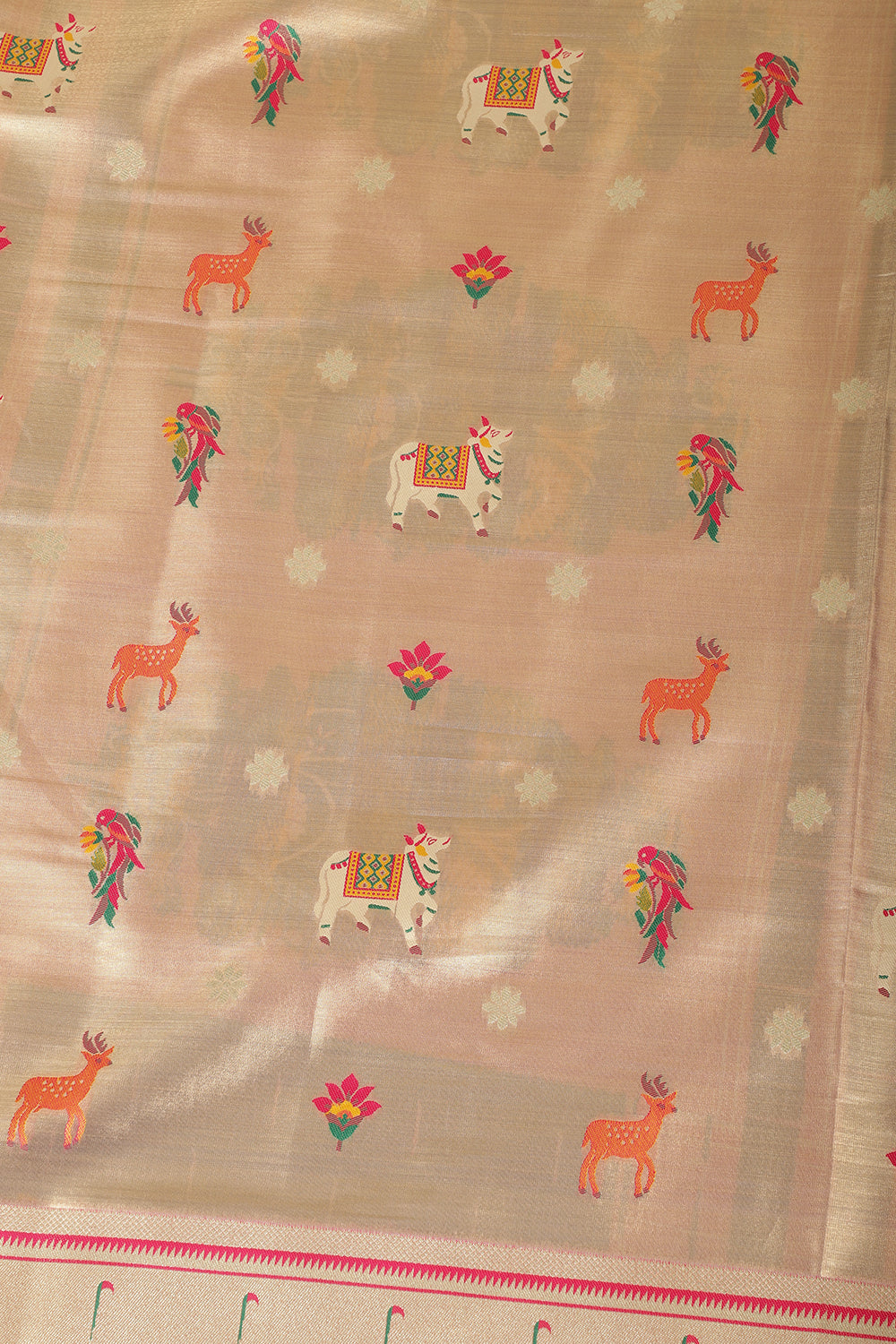 Gold & Pink Duo-Chrome Tissue Silk  Pathani Work Saree