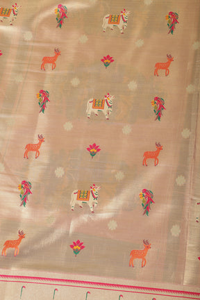 Gold & Pink Duo-Chrome Tissue Silk  Pathani Work Saree