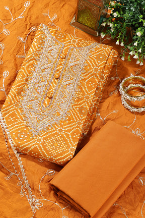 Mustard Cotton Bandhani Printed And Neck Embroidered Unstitched Suit