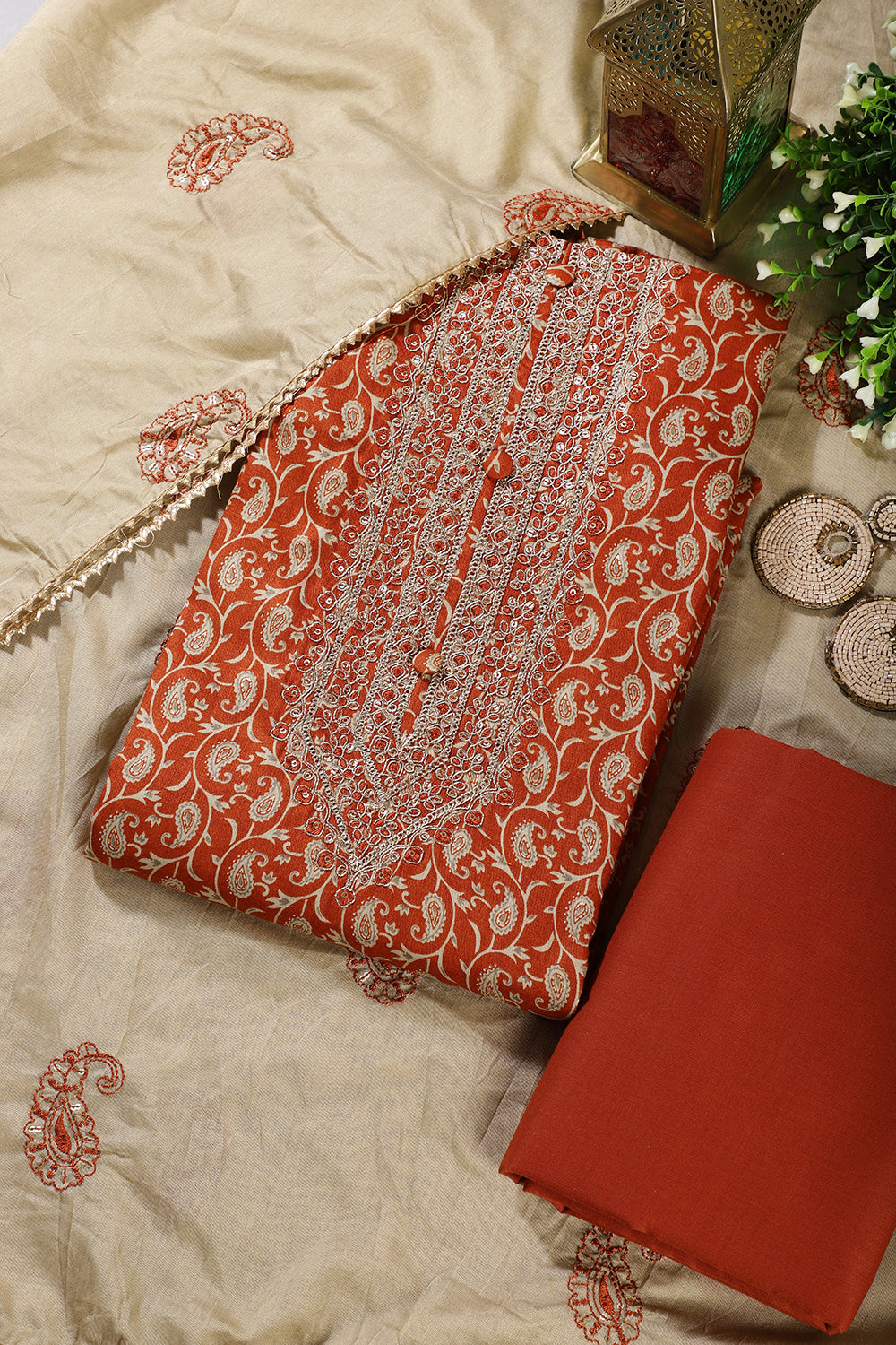 Burnt Orange Cotton Digital Buta-Printed & Neck Embroidered Unstitched Suit