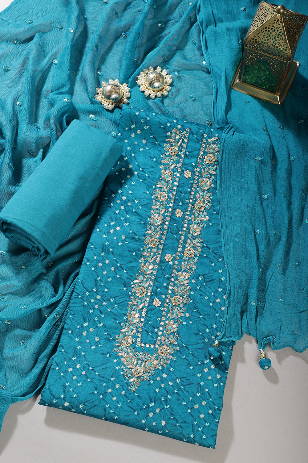 Teal Blue Cotton Neck Zardozi Embroidered & Shibori Printed Unstitched Suit Fabric