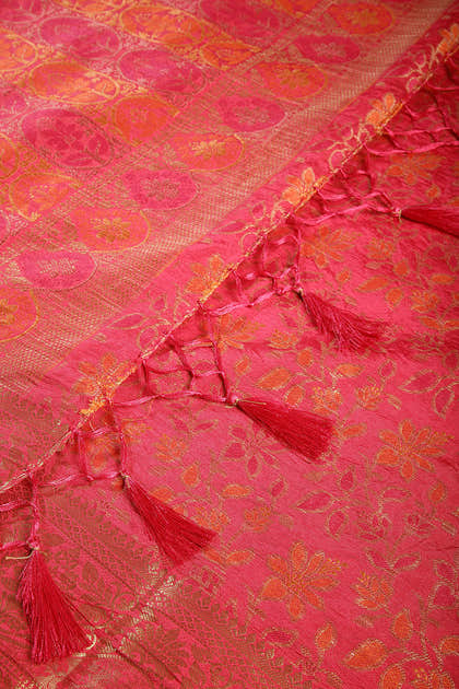 Coral Red Color Tussar Woven Silk Saree