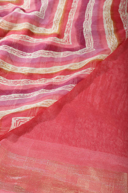 Coral Pink Chiffon Lehariya Printed Saree