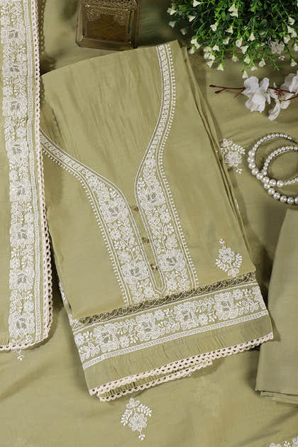 Olive Green Muslin Resham Embroidered Unstitched Suit Material