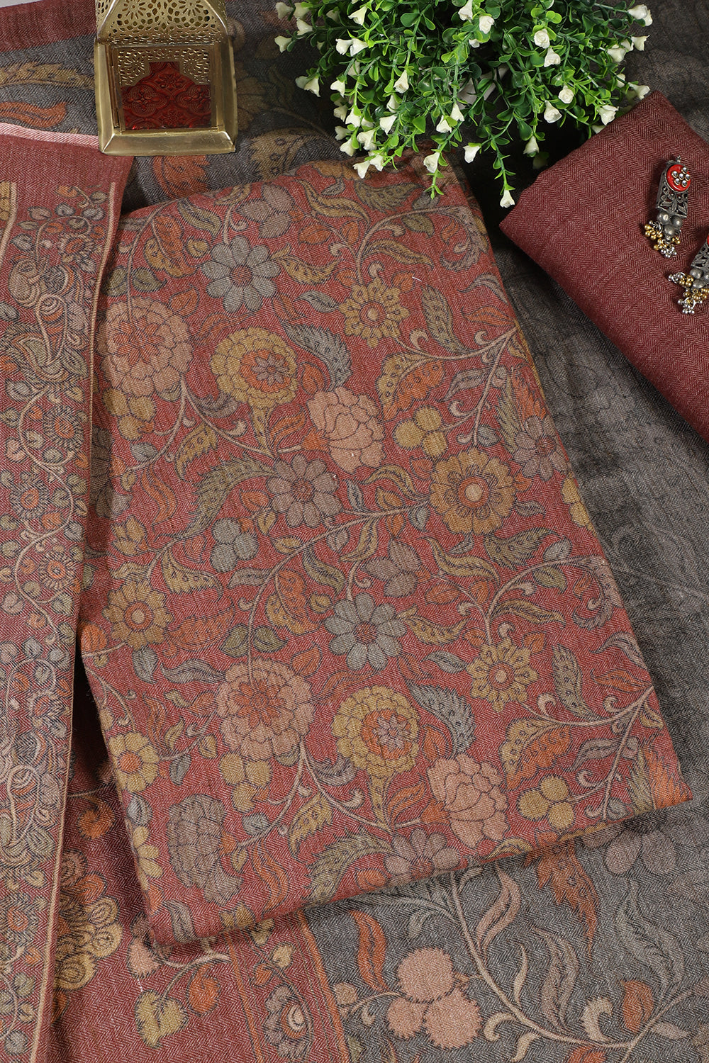 Pale Maroon Floral Printed Spun Unstitched Suit Material