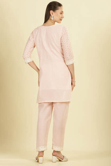 Pink Cotton Hacoba Style Neck-Embroidered Kurta Set