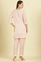 Pink Cotton Hacoba Style Neck-Embroidered Kurta Set