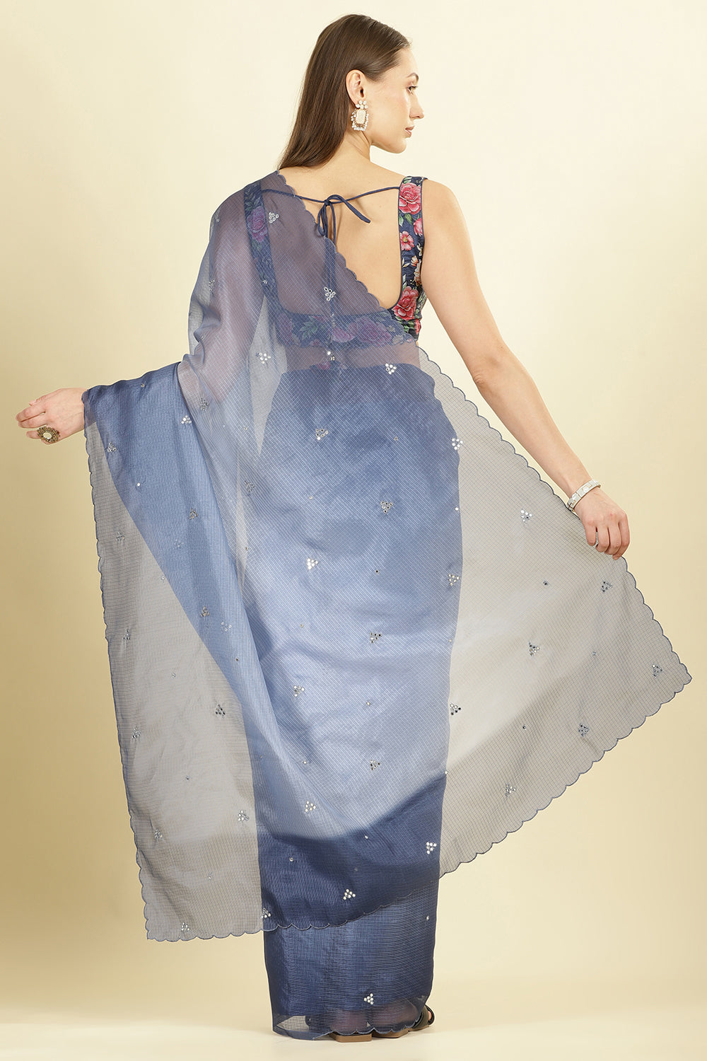 Ombre Navy Organza Saree With Mirror Work
