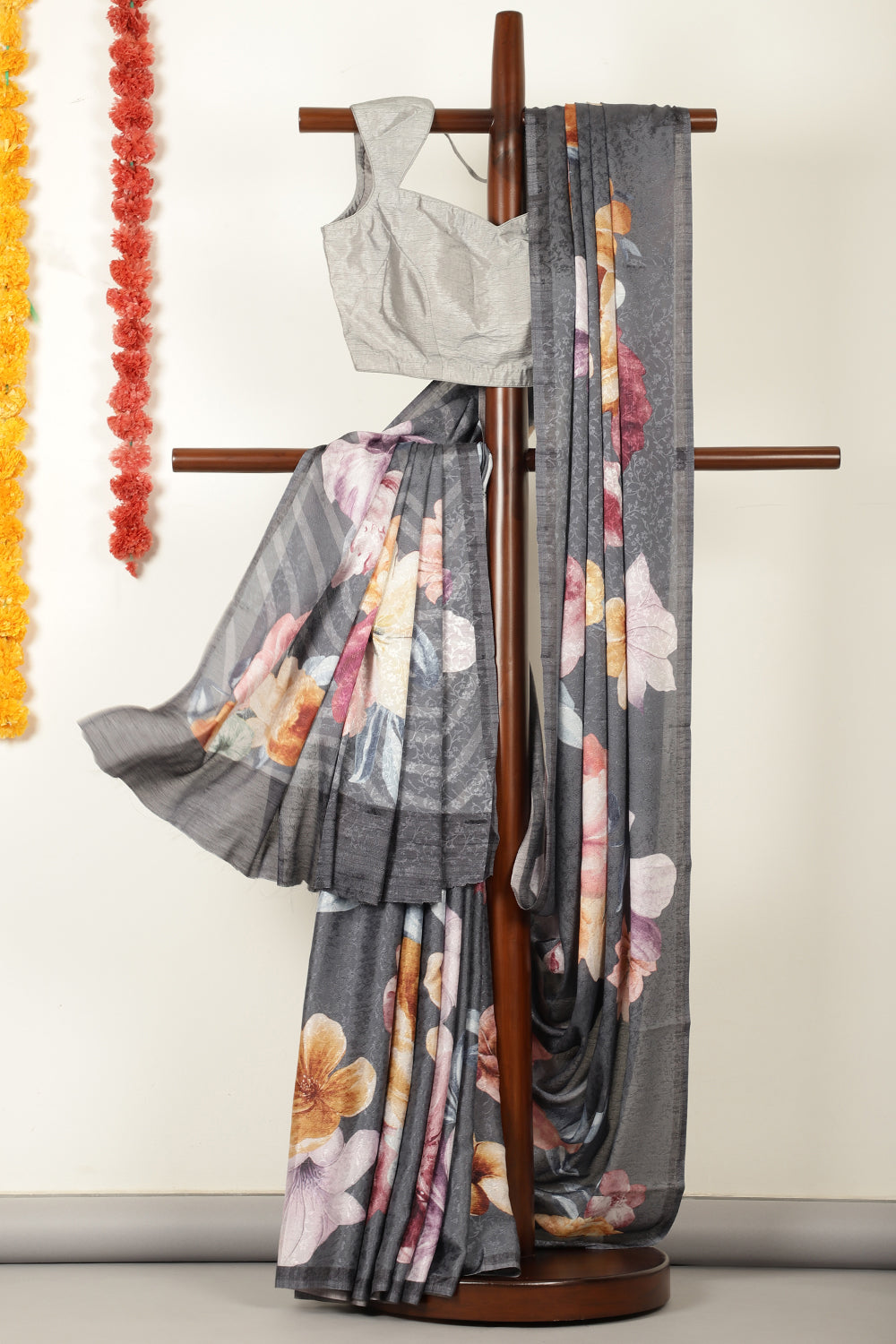 Grey Printed Jacquard Silk Saree