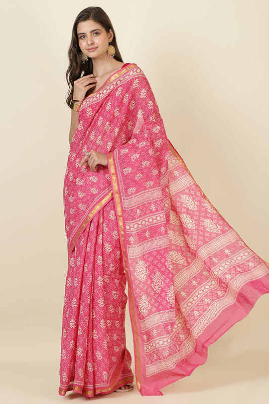 Hot Pink Cotton Block Printed Saree
