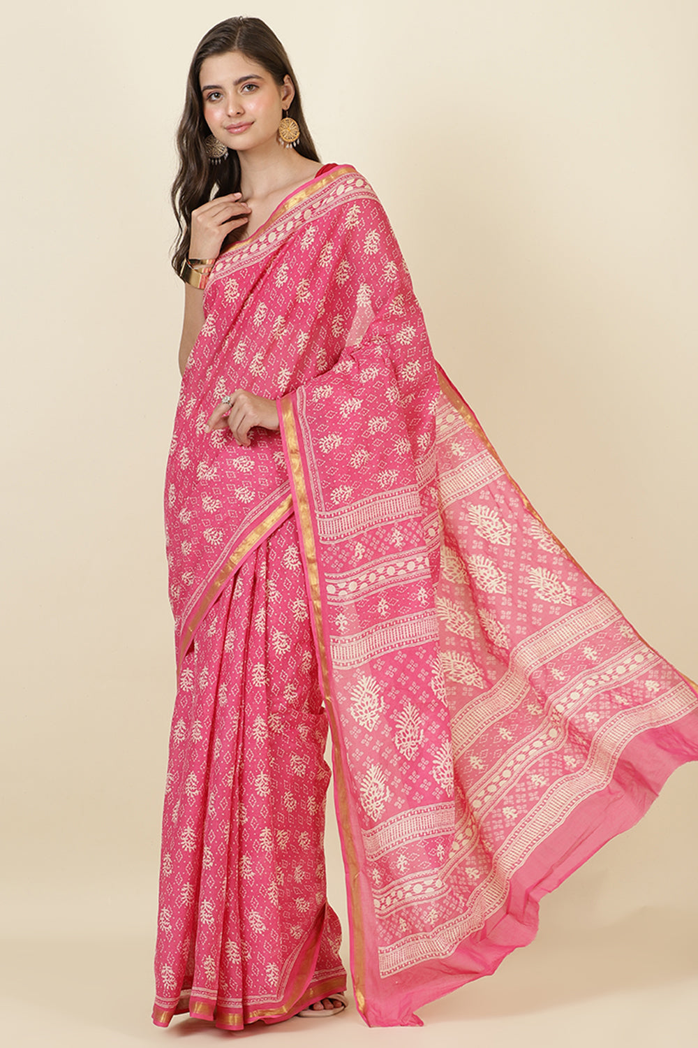 Hot Pink Cotton Block Printed Saree