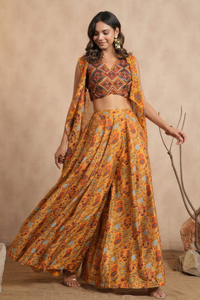 Mustard Green Colour Chinon Embroidered Crop-Top and Printed Palazzo Set With Shrugs