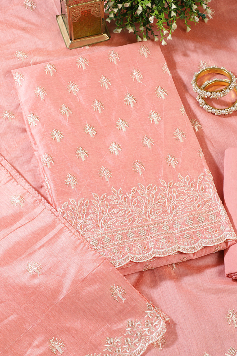 Peach Chanderi Silk Embroidered Unstitched Suit Material