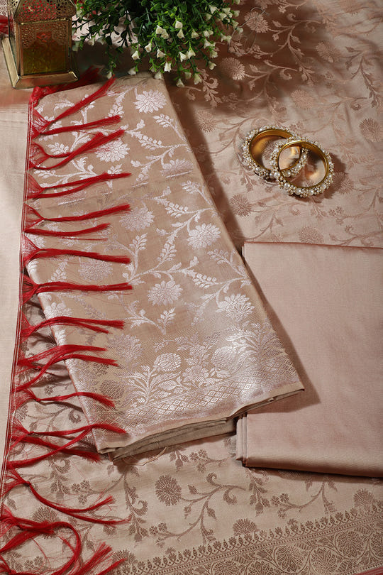 Beige Zari Floral Woven Silk Unstitched Suit Fabric