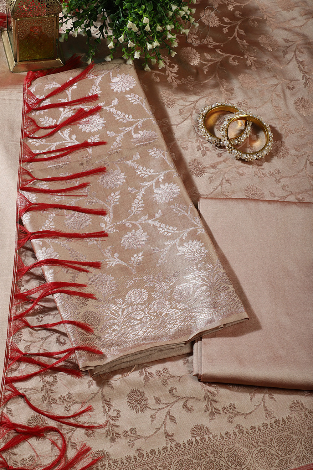 Beige Zari Floral Woven Silk Unstitched Suit Fabric