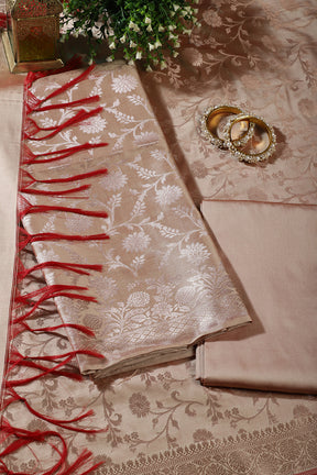 Beige Zari Floral Woven Unstitched Suit Fabric