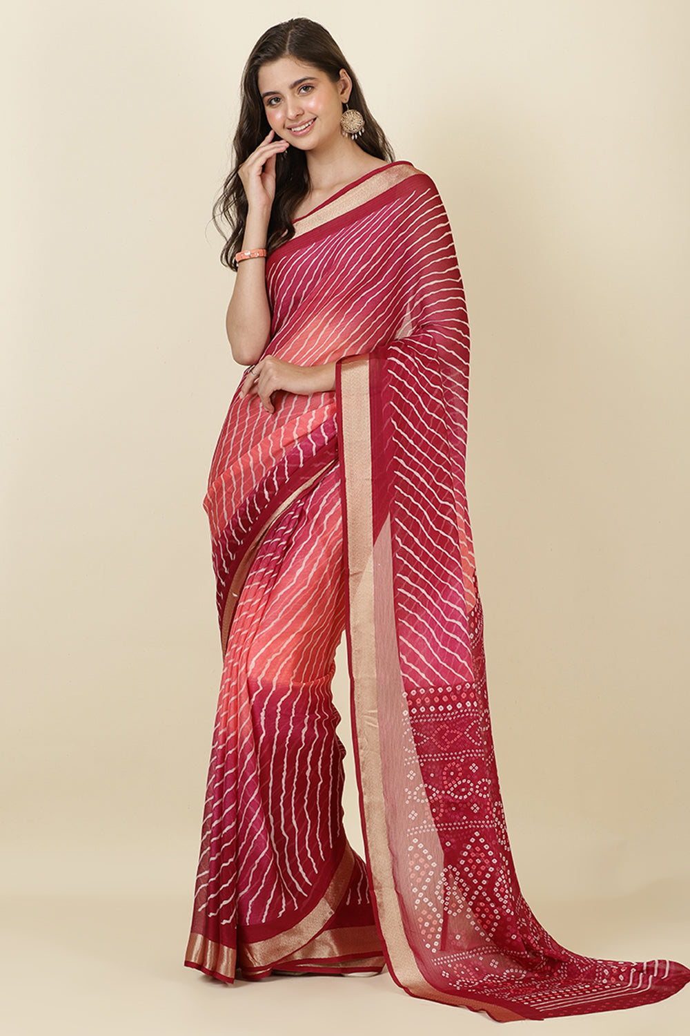 Wine Georgette Leheriya Printed Saree