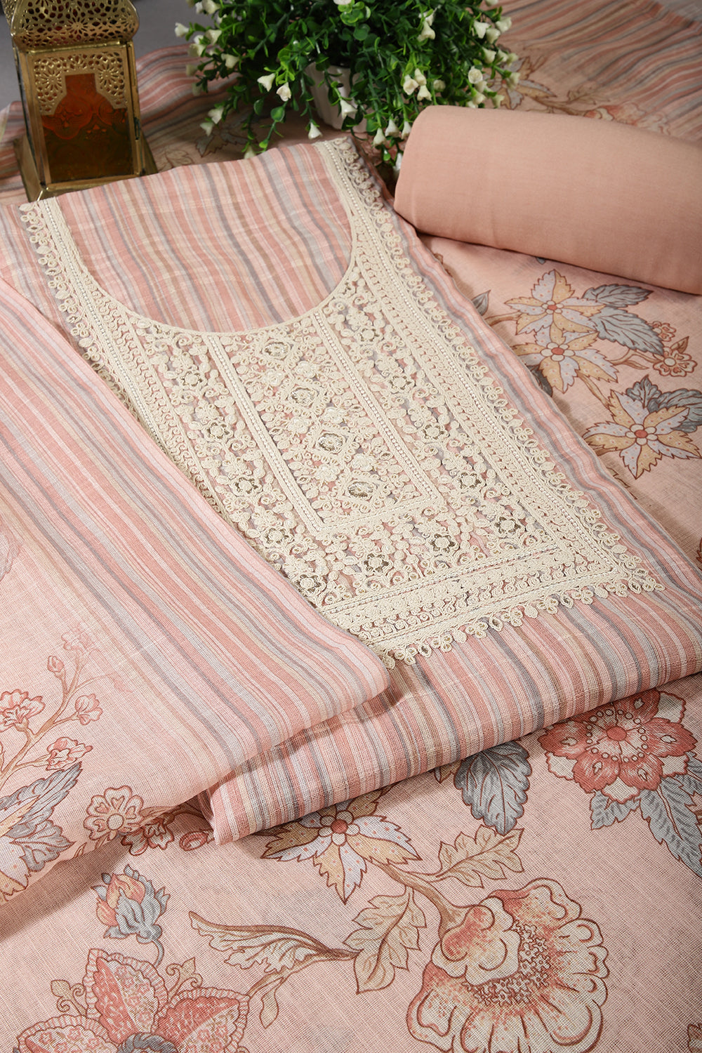 Peach Color Linen Cotton Embroidery Unstitched Suit Material