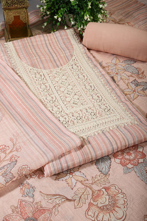 Peach Color Linen Cotton Embroidery Unstitched Suit Material