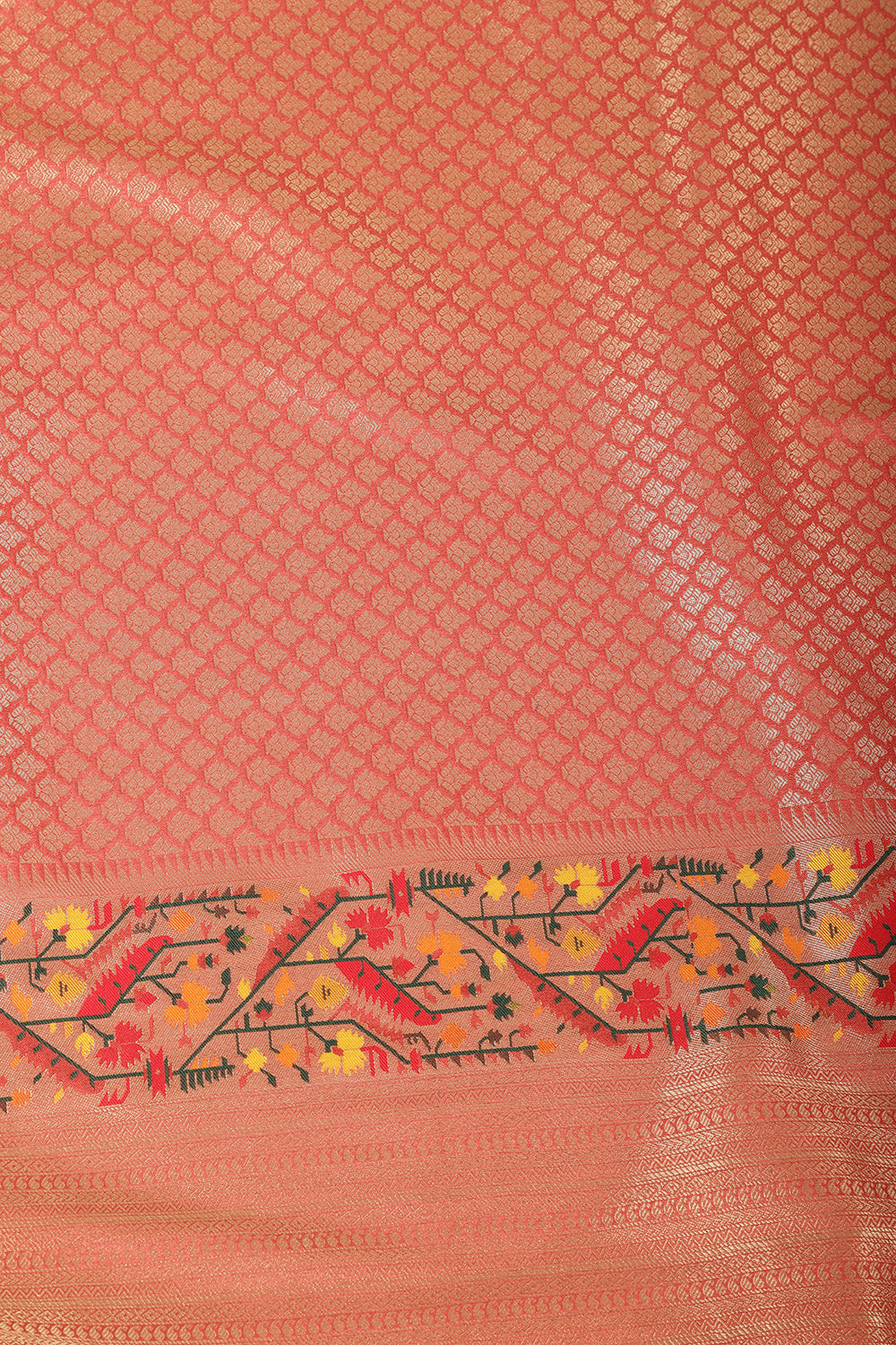 Coral Pink Soft Silk Zari and Resham woven Paithani Work Saree