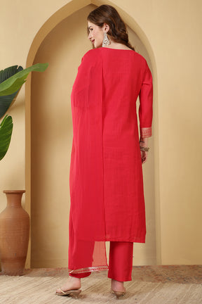 Magenta Pink Cotton Silk Printed & Neck Embroidered Suit