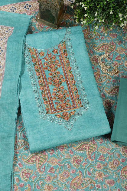 Seagreen Linen Cotton Resham Embroidered Unstitched Suit