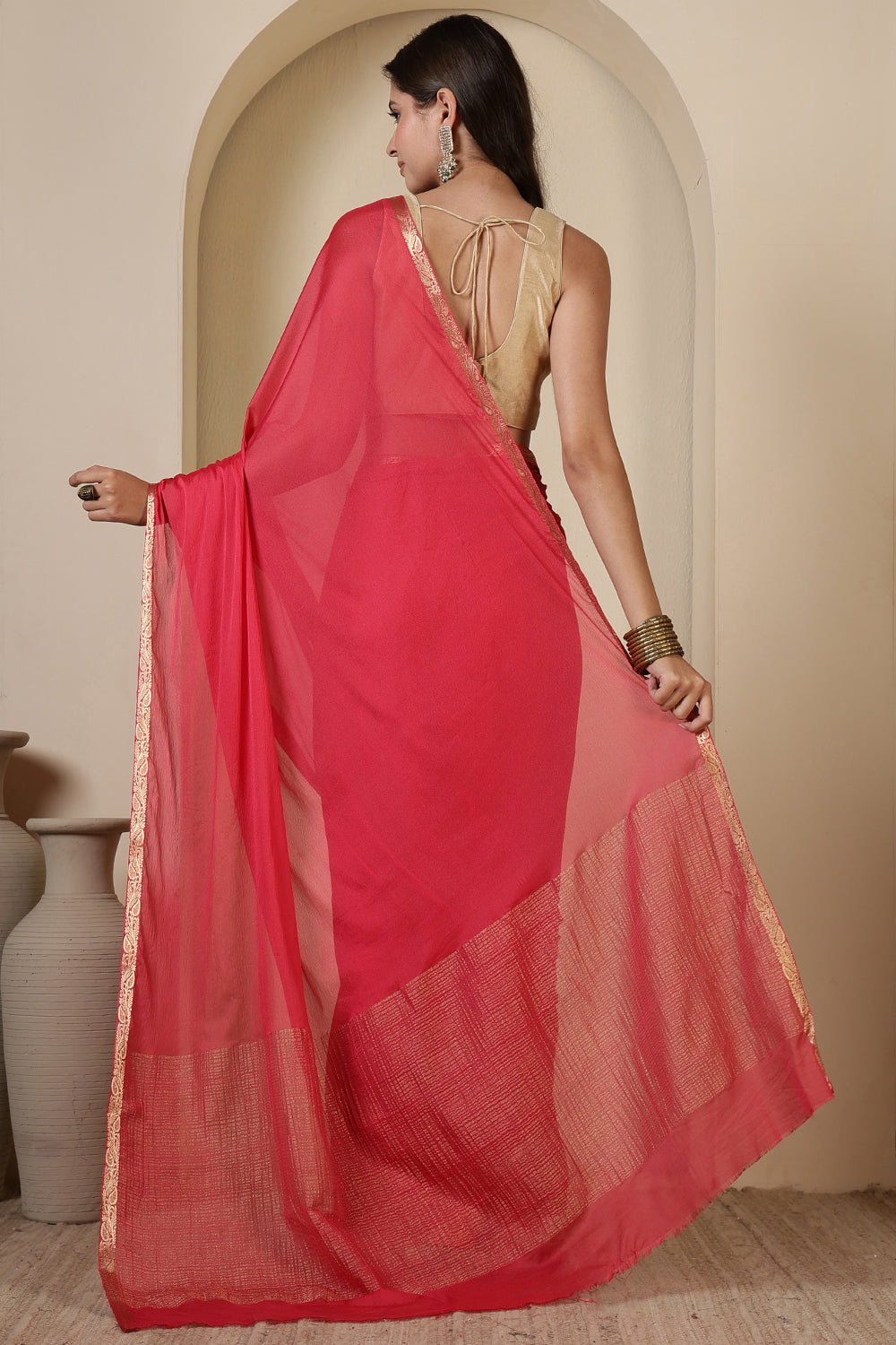 Pink Chiffon Zari Border Saree