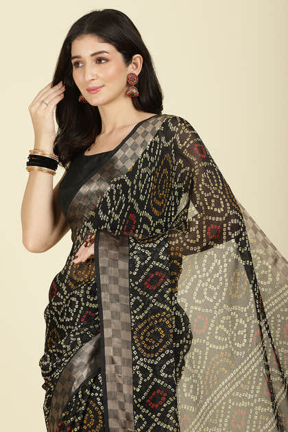 Black Color Chiffon Bandhani Printed Saree