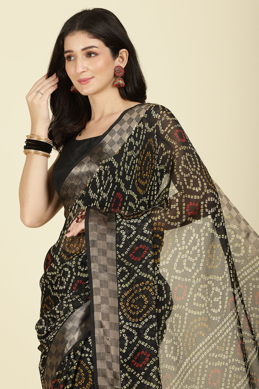 Black Color Chiffon Bandhani Printed Saree