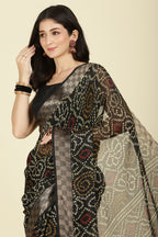 Black Color Chiffon Bandhani Printed Saree