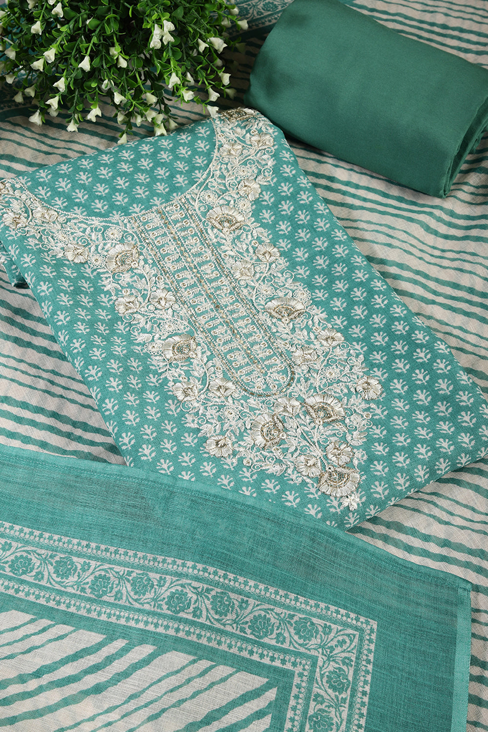 Mint Green Color Chanderi Cotton Printed and Neck Embroidered Unstitched Suit Fabric