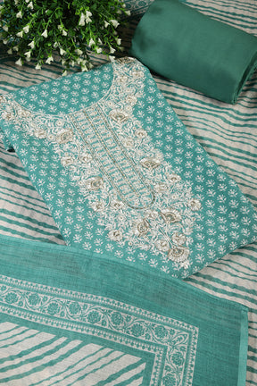 Mint Green Color Chanderi Cotton Printed and Neck Embroidered Unstitched Suit Fabric