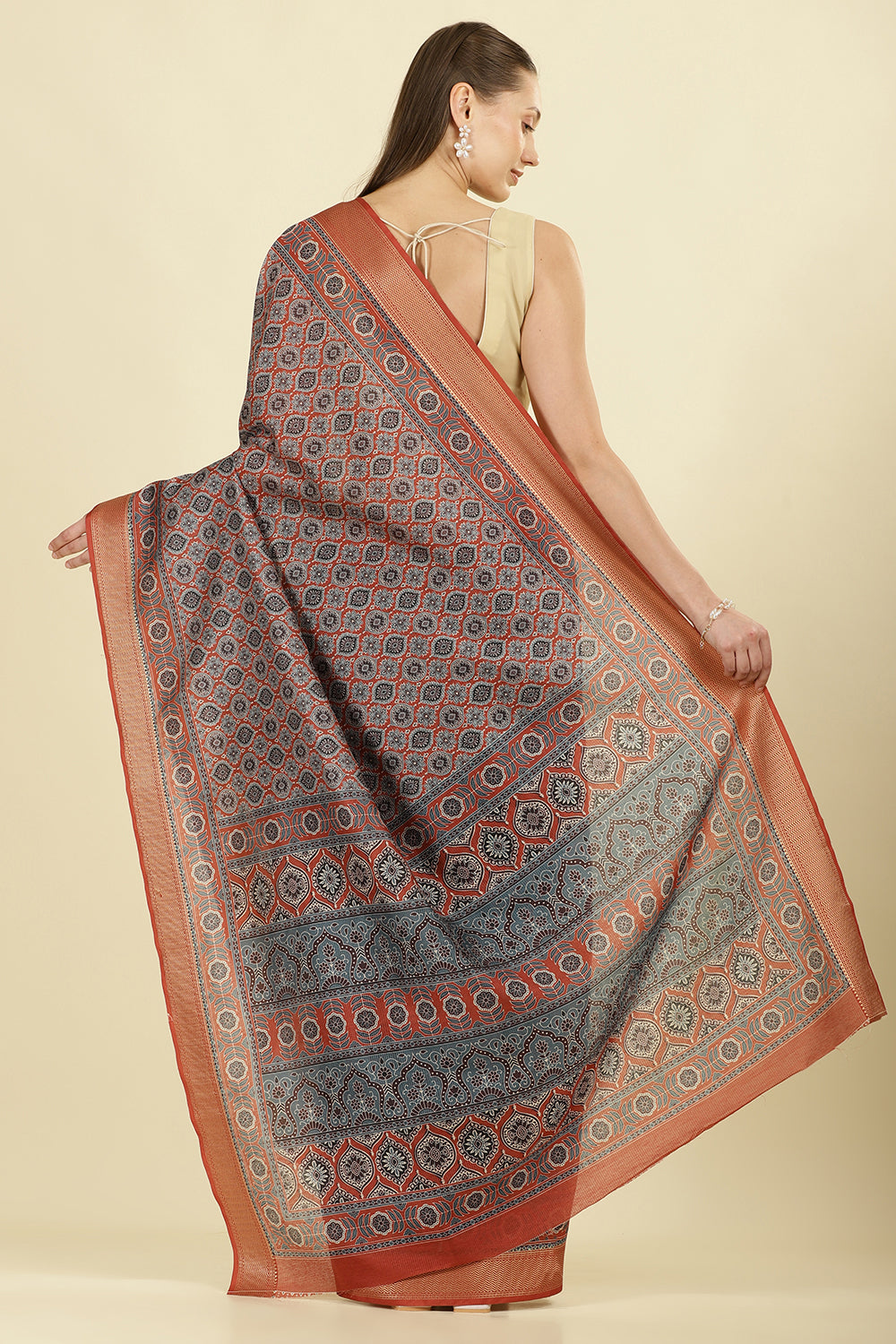 Rust Ajrakh Block Printed Cotton Saree