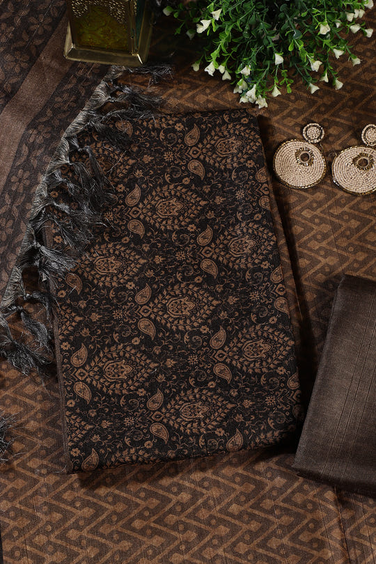 Mustard And Black Digital Printed Chanderi Cotton Unstiched Suit Material