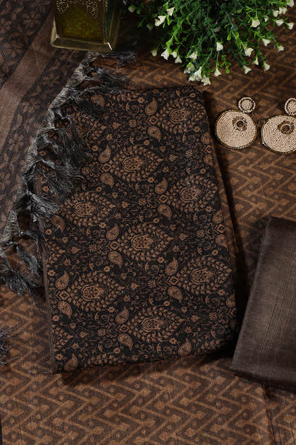 Mustard And Black Digital Printed Chanderi Cotton Unstiched Suit Material