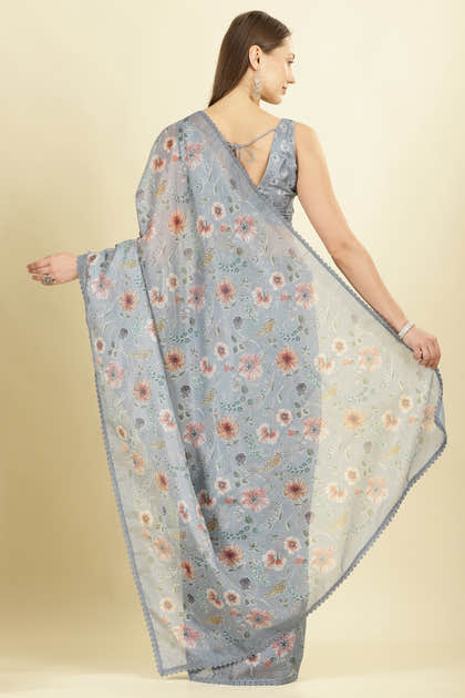 Grey Organza Floral Printed And Lace Work Saree