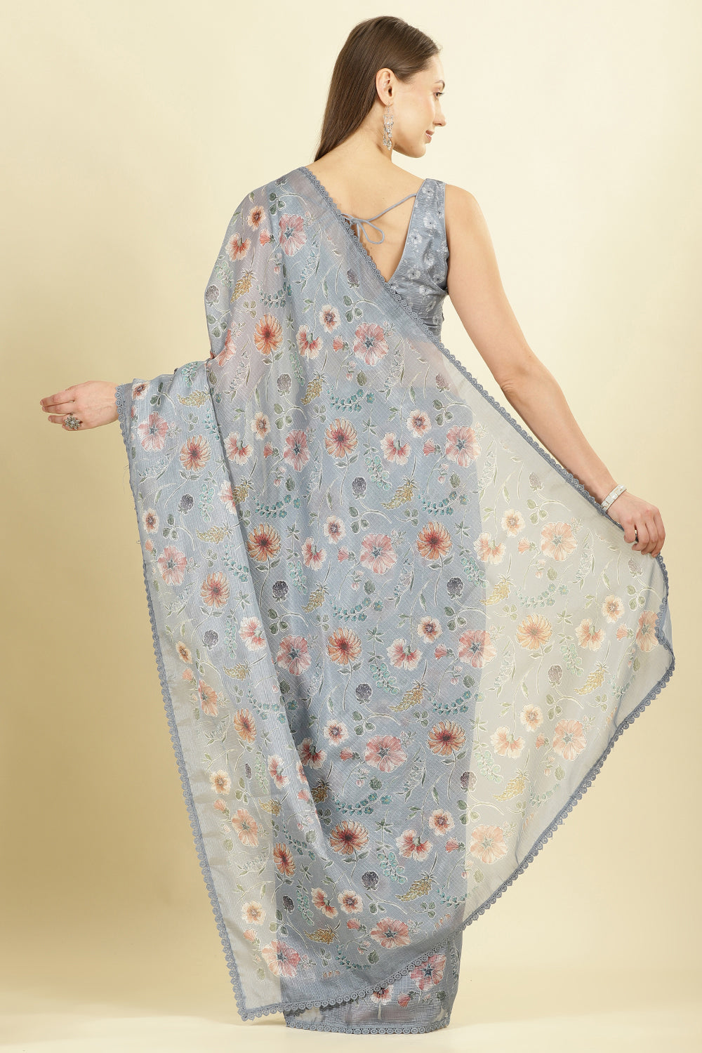 Grey Organza Floral Printed And Lace Work Saree