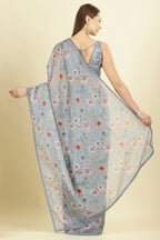 Grey Organza Floral Printed And Lace Work Saree