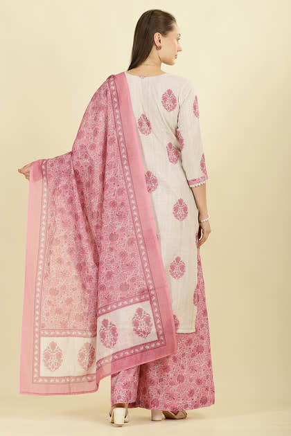Cream & Pink  Chanderi Cotton Hacoba Style & Floral Printed Unstitched Suit Material