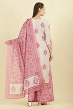 Cream & Pink  Chanderi Cotton Hacoba Style & Floral Printed Unstitched Suit Material