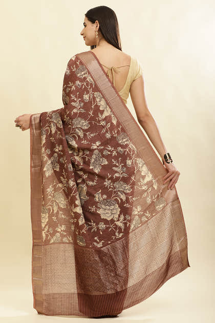 Brown Cotton Silk Floral Printed & Zari Border Saree